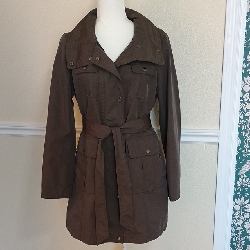 Ellen Tracy Dark Olive Green Belted Jacket With Hood
